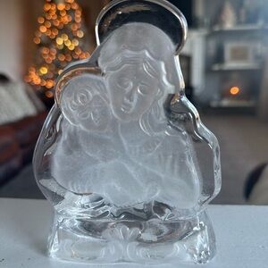 Vintage Frosted Etched Heavy Glass Votive Candle Holder Mary & Jesus Christmas